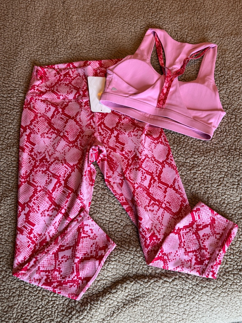 Fabletics Pink Snake-Print Leggings with matching Pink Sports Bra
